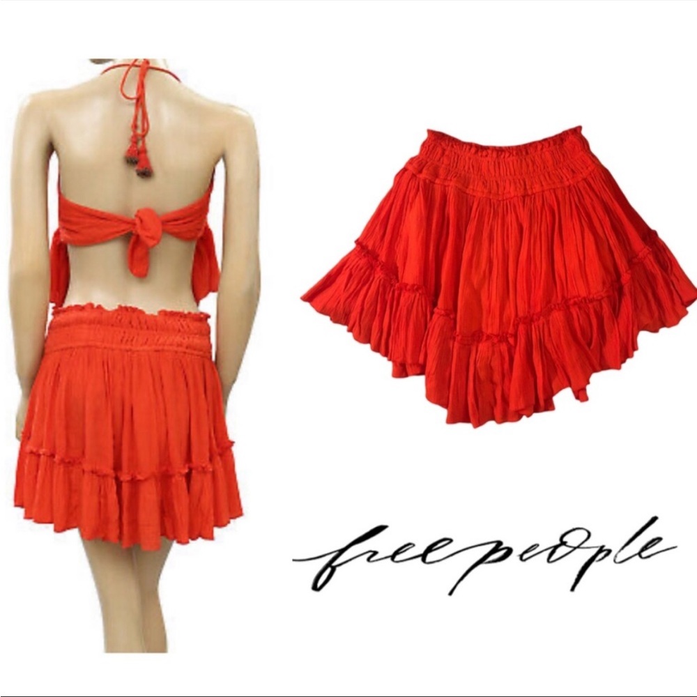 Free People Hooked On You Red Orange Ruffle Elastic Pull On Flow Mini Skirt